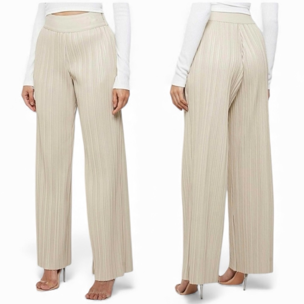 Maniere De Voir high rise waist pleats faux leather wide leg baggy pants cream 8